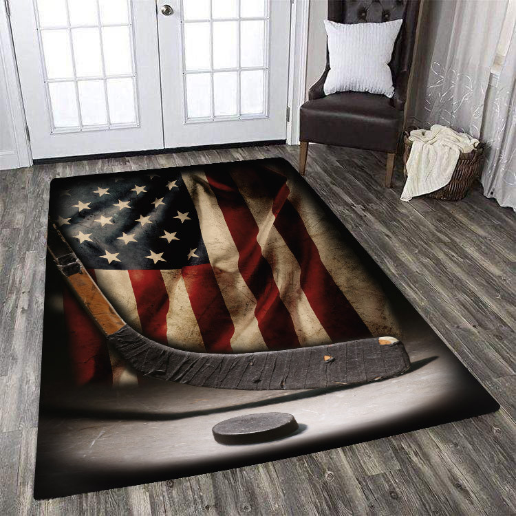 Vintage Hockey Stick Puck American Flag Decor Rug