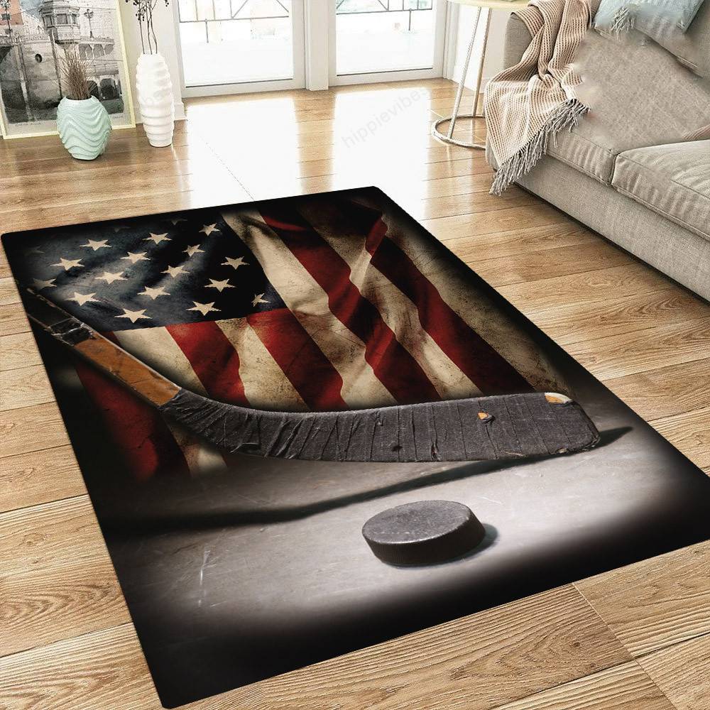Vintage Hockey Stick Puck American Flag Decor Rug - Image 2