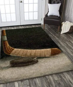 Vintage Hockey Stick And Puck Decor Rug