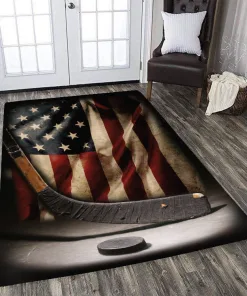Vintage Hockey Stick Puck American Flag Decor Rug